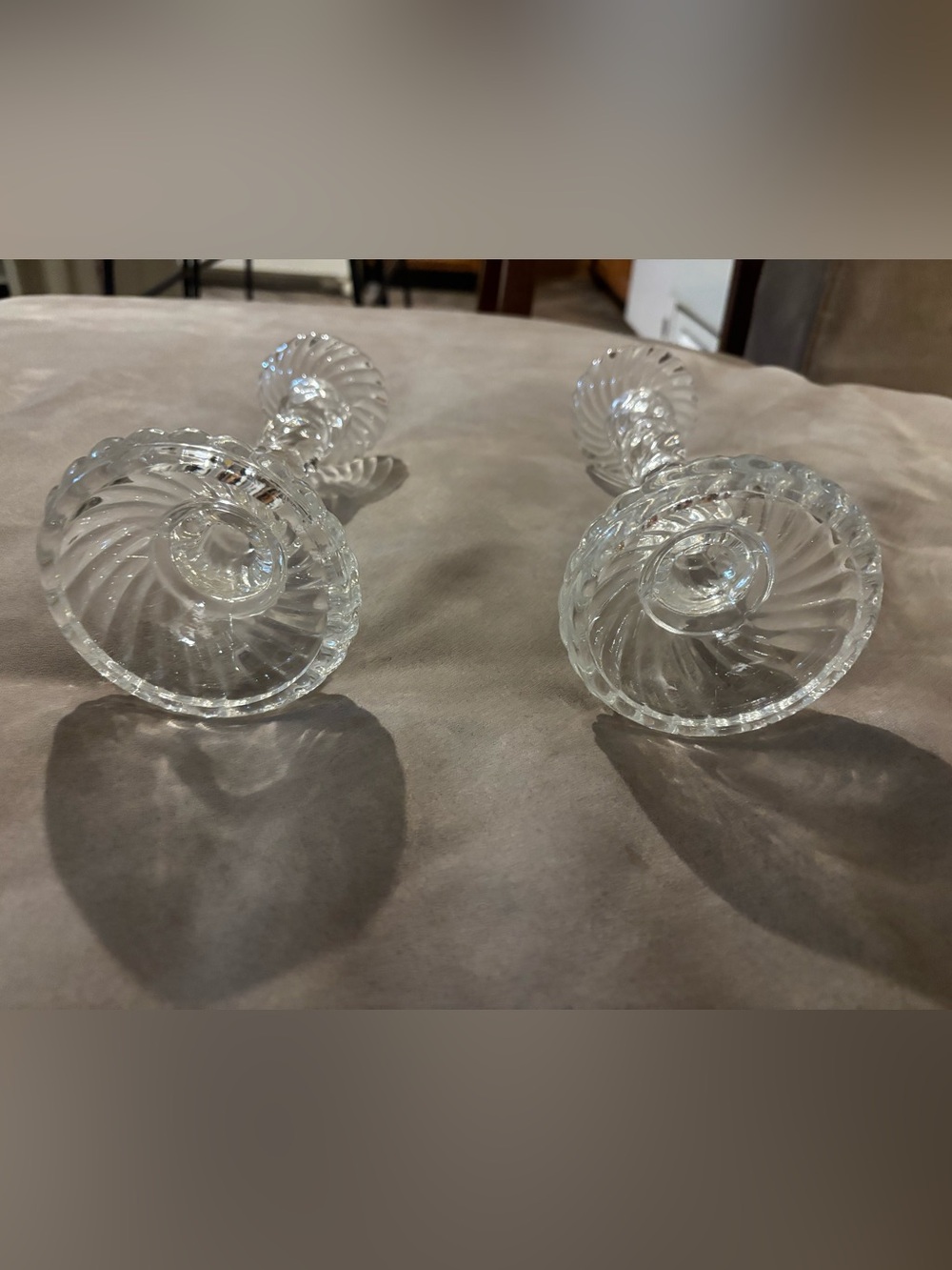 Vintage Fostoria Colony Clear Glass Candlesticks Pair 9” Swirl Spiral